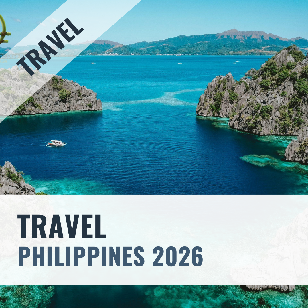 Scenic view of a tropical island with clear blue water and turquoise lagoons, with text overlay promoting travel to the Philippines in 2026.