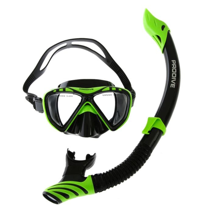 ADULT TWIN LENS PREMIUM SILICONE MASK & SNORKEL SET Mask Pro Dive Black and Green 