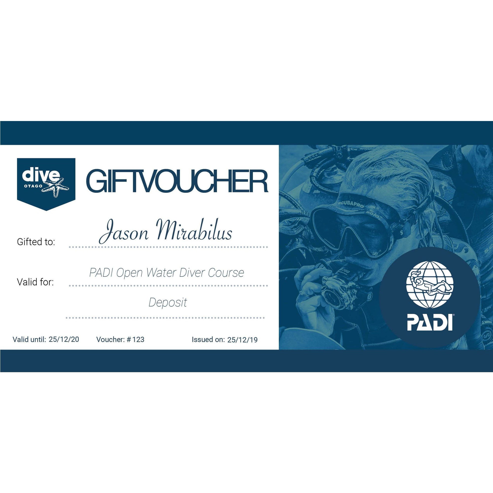 Dive Otago Gift Voucher Gift Voucher Dive Otago PADI Open Water Course - Deposit Only 